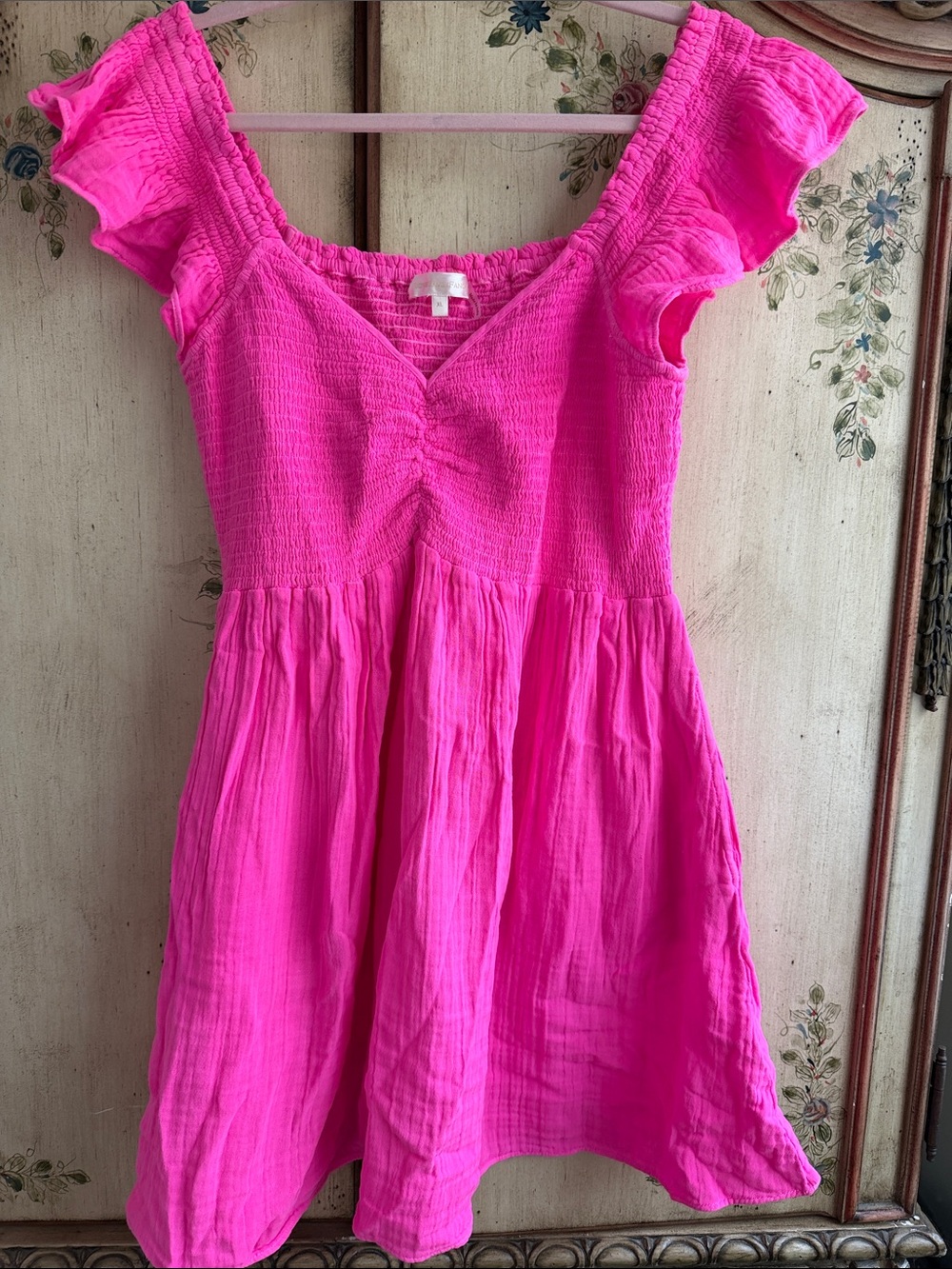 LoveShackFancy Hot Pink Smocked Flutter-Sleeve Dress